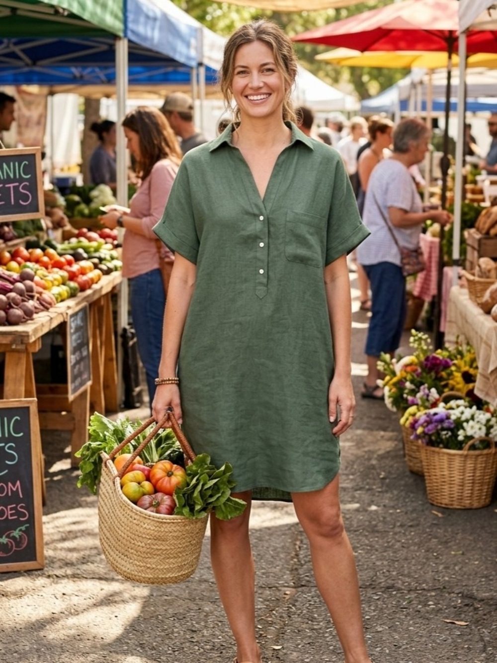 Grayson The Artist 100% Linen Olive Green Short Sleeve Dress, Size 3 (Medium)